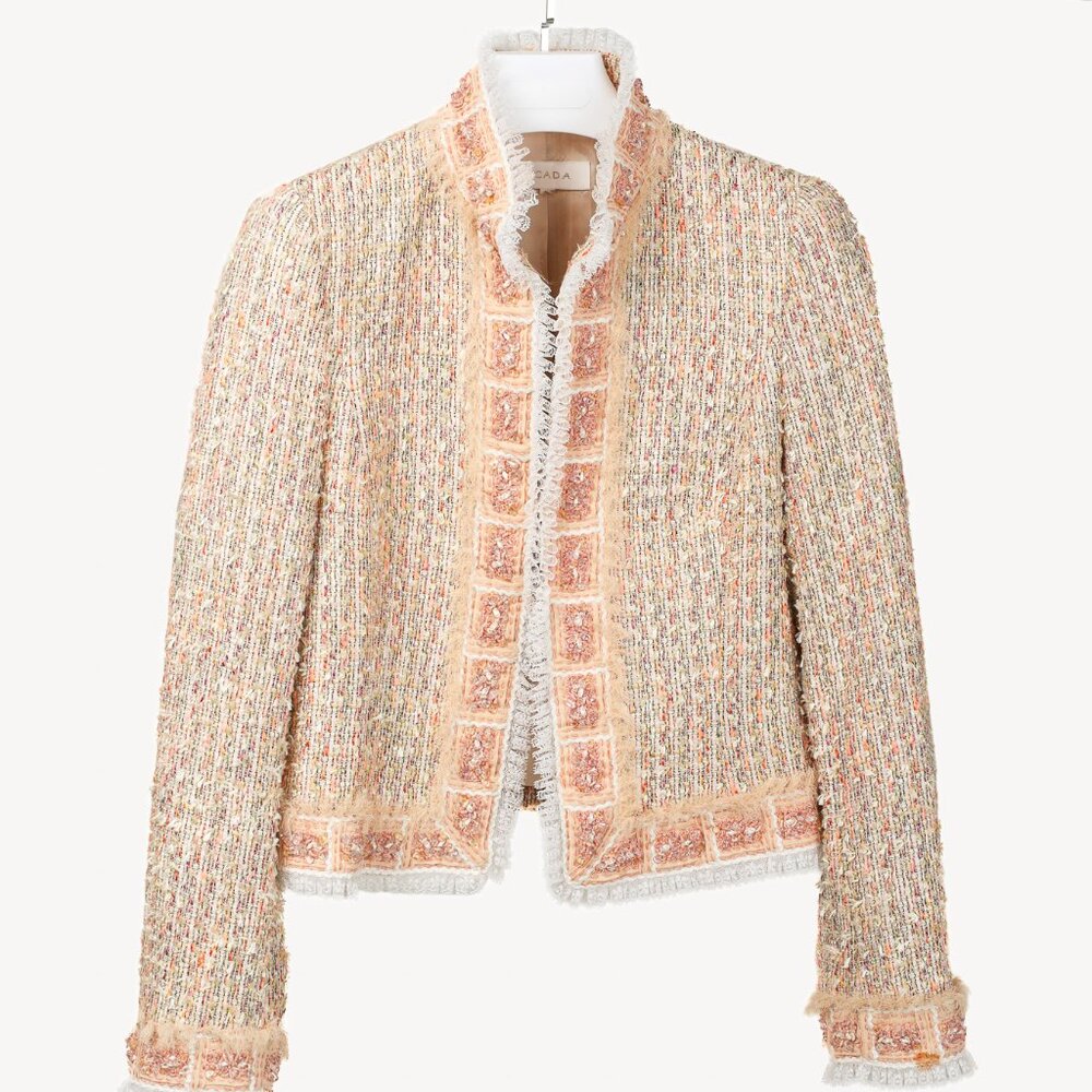 Escada Yellow & Pink Tweed Embellished Lace-Trim Jacket